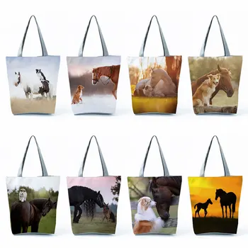 Чанта за пазаруване с принтом сладък коне и кучета, сгъваема чанта-тоут с женски животни, чанти през рамо с голям капацитет, преносими хранителни дамски чанти
