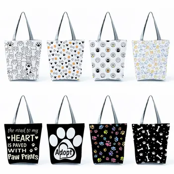 Чанти-тоут Kawaii голям капацитет, дамски ежедневни чанти с модерен принтом, скъпа мультяшная пазарска чанта, дамска чанта през рамо, чанти с кошачьими собачьими лапи.