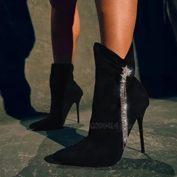 Черни Дизайнерски Обувки С Остри Пръсти под формата на Кристали и Звездички, Дамски Обувки До средата на Прасците На Тънък Висок Ток, Модни парти 2023, Zapatos Para Mujere
