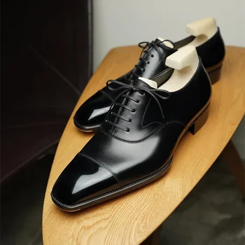 Черни мъжки обувки-Oxfords В Бизнес стил с Ръчно изработени С Квадратни пръсти, дантела, Модел обувки Модерен кафяв Цвят За Мъже