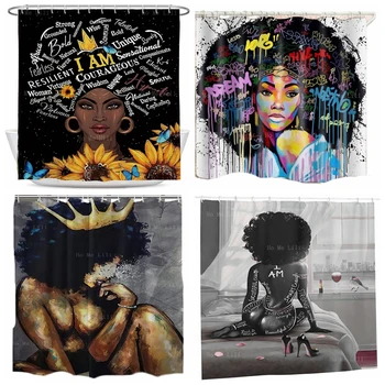 Чернокожая момиче афроамериканка Афро Кралицата Със Златна Корона Цитат Слънчогледи Завеса за душа в абстрактен стил