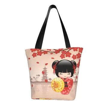 Японската червена кукла Сакура Кокеши, чанти за пазаруване, Преносима холщовая чанта за пазаруване, скъпа девчачья чанта цвят череша