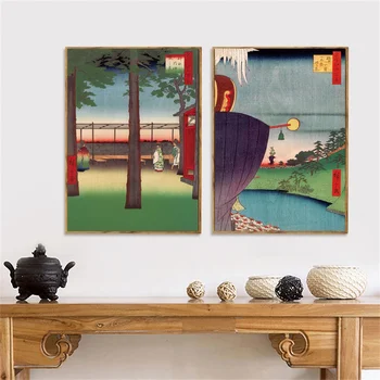 Японски пейзаж Платно Абстрактна живопис Ретро Начало декор Принт Цветя Сграда Плакати Стенно изкуство Картина за хола